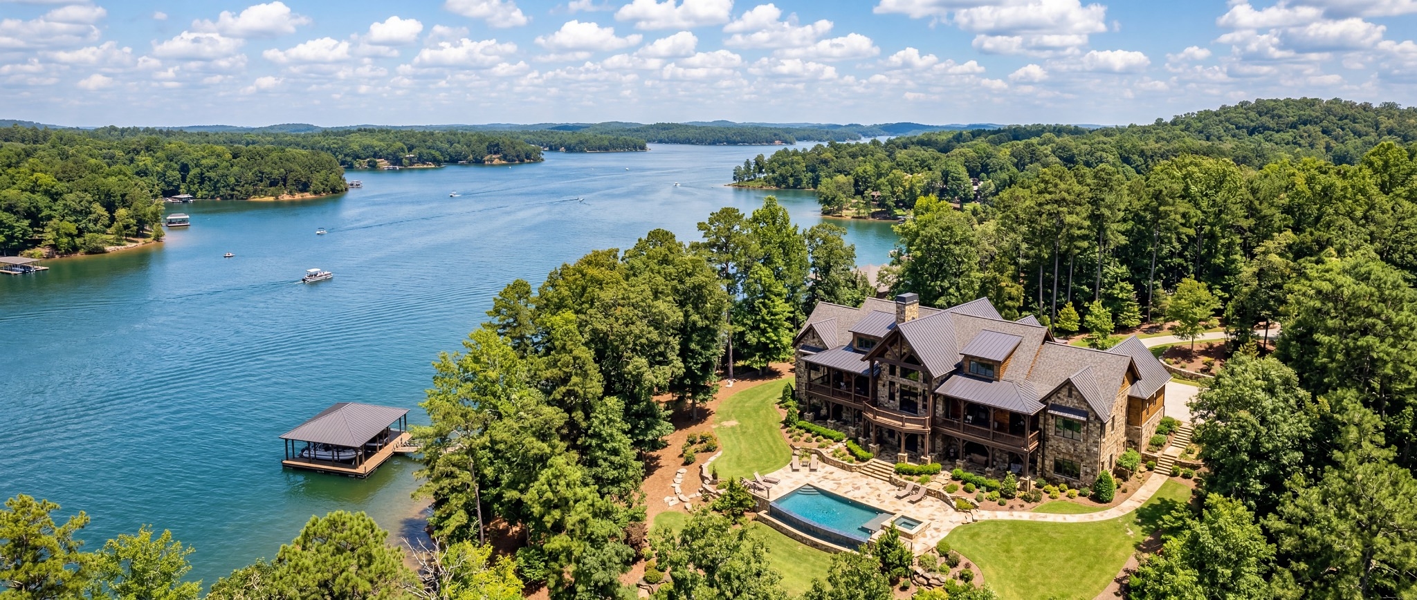 Aerial drone photograph of a luxury lakefront property on Lake Hartwell